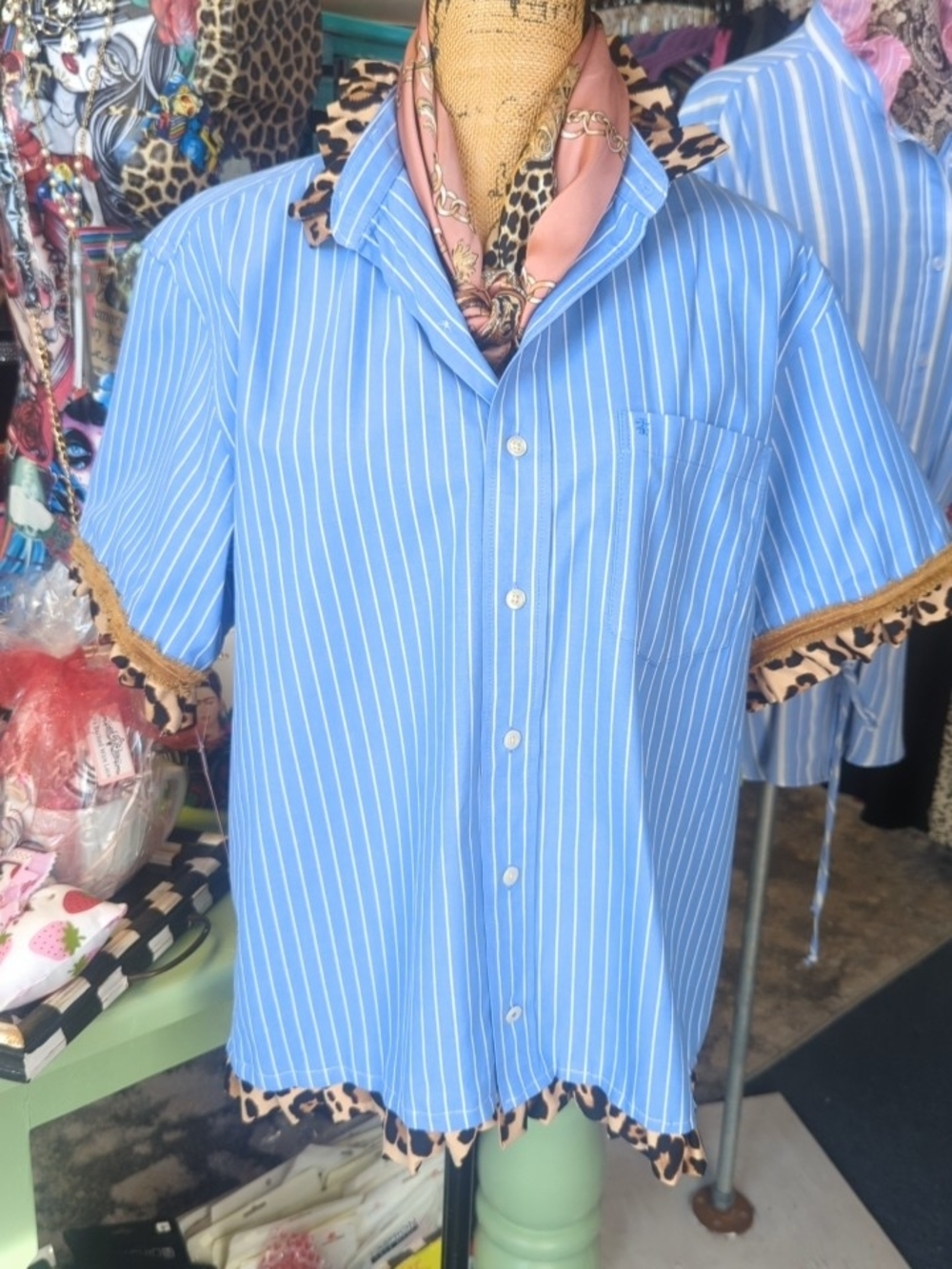 Women's Blue and White Pinstripe Short-Sleeve Button-Down with Leopard Trim